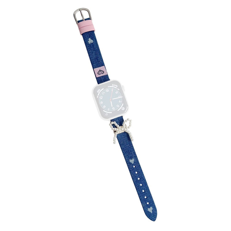 Wrist Strap Apple Watch Series 49mm - 45mm - 44mm - 42mm Pearl Bowknot Denim Leather Watch Band - Love Heart#serie_2