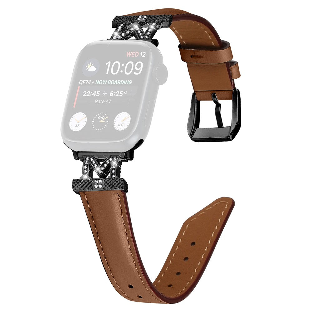 Fint Kunstlæder Og Rhinsten Universal Rem passer til Apple Smartwatch - Brun#serie_6