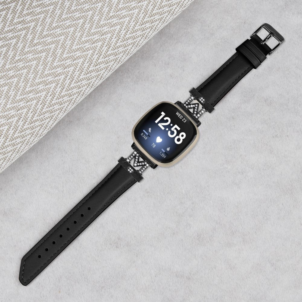Godt Ægte Læder Og Rhinsten Universal Rem passer til Fitbit Smartwatch - Sort#serie_4
