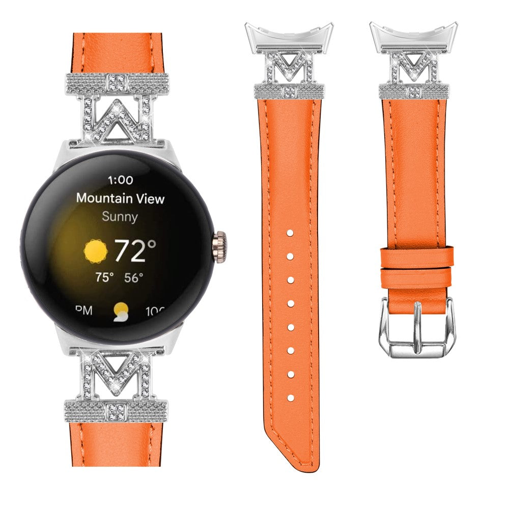 Ægte Læder Og Rhinsten Universal Rem passer til Google Pixel Watch 2 / Google Pixel Watch - Orange#serie_2