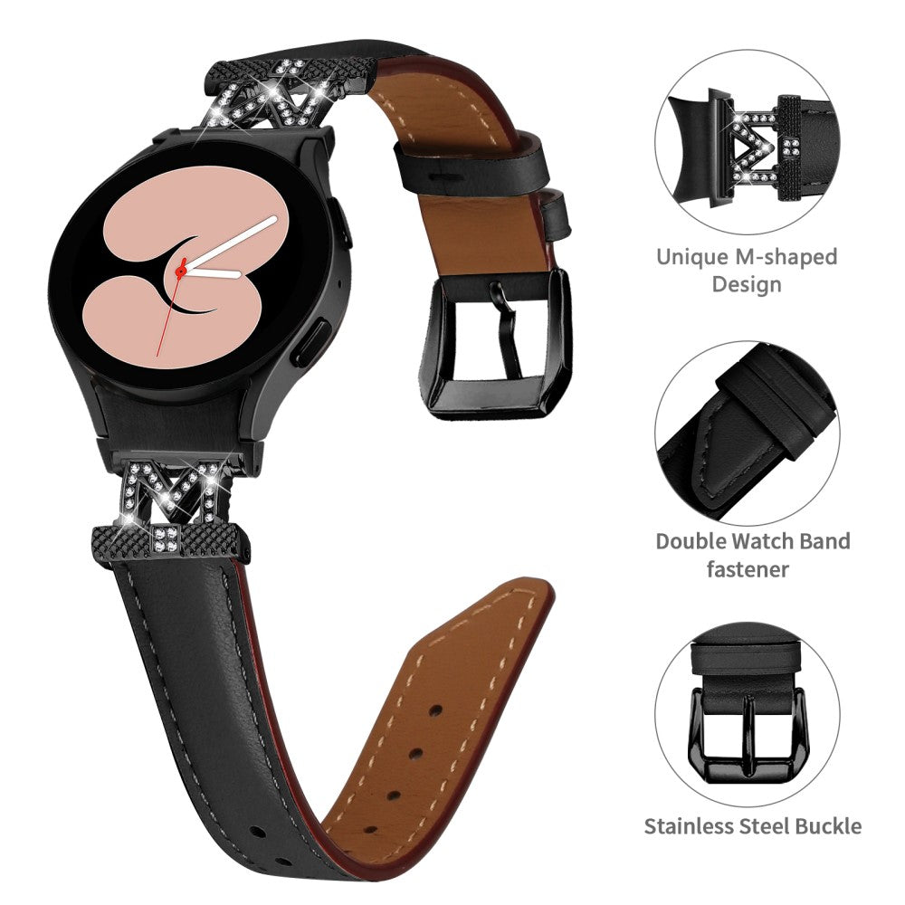 Fed Ægte Læder Og Rhinsten Universal Rem passer til Samsung Smartwatch - Sort#serie_4