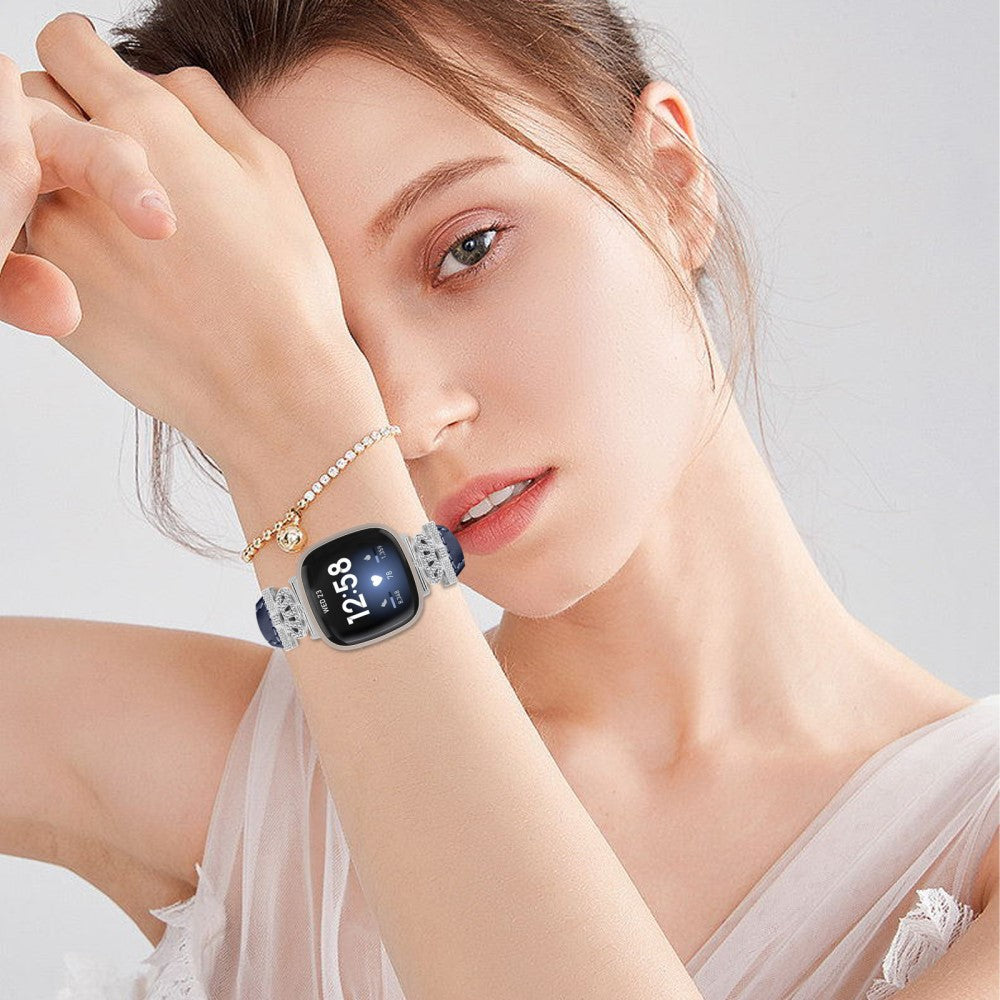 Pænt Ægte Læder Og Rhinsten Universal Rem passer til Fitbit Smartwatch - Blå#serie_3