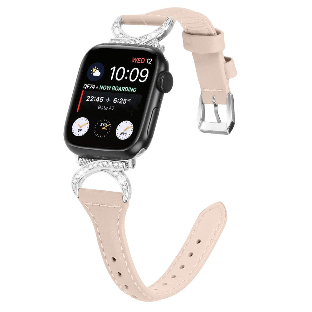 Smuk Ægte Læder Og Rhinsten Universal Rem passer til Apple Smartwatch - Beige#serie_5