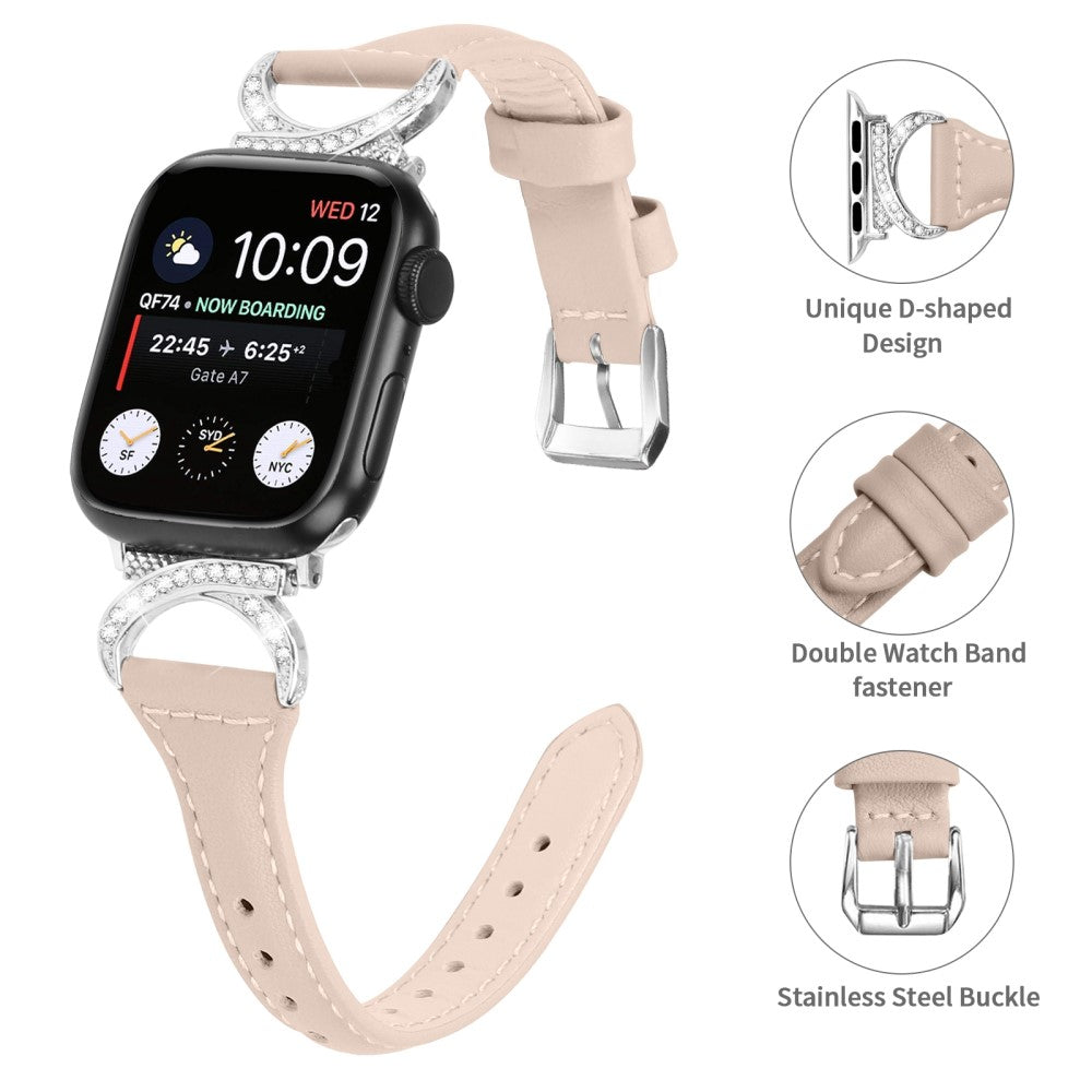 Smuk Ægte Læder Og Rhinsten Universal Rem passer til Apple Smartwatch - Beige#serie_5