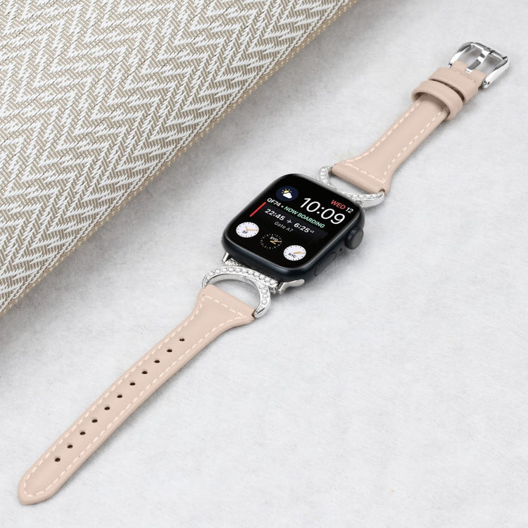 Smuk Ægte Læder Og Rhinsten Universal Rem passer til Apple Smartwatch - Beige#serie_5