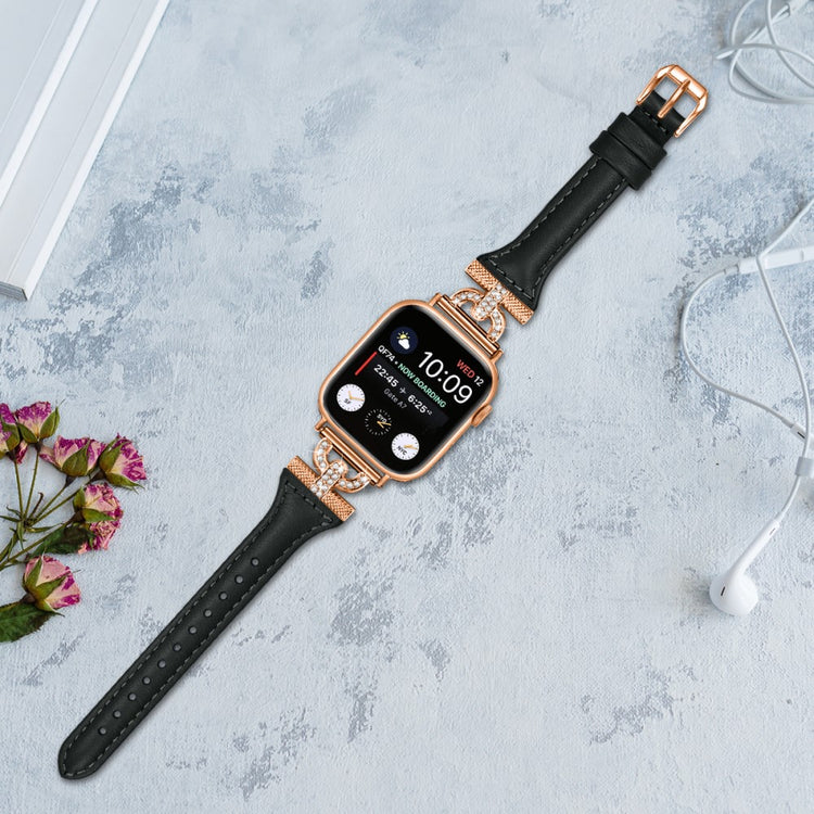 Sejt Ægte Læder Og Rhinsten Universal Rem passer til Apple Smartwatch - Sort#serie_2