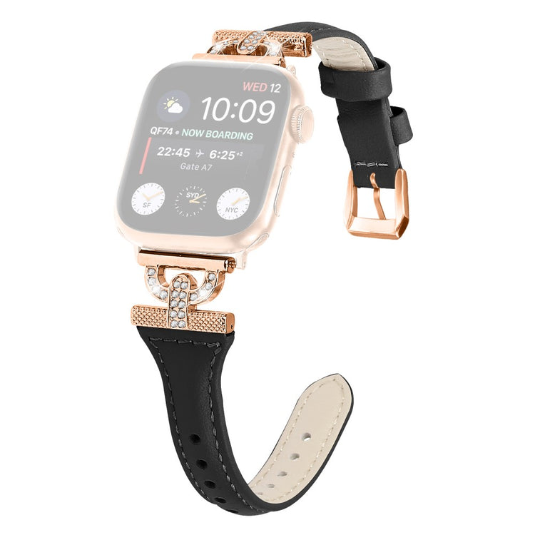 Sejt Ægte Læder Og Rhinsten Universal Rem passer til Apple Smartwatch - Sort#serie_2