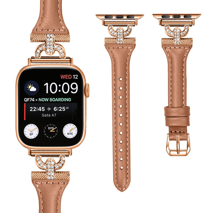 Sejt Ægte Læder Og Rhinsten Universal Rem passer til Apple Smartwatch - Brun#serie_3