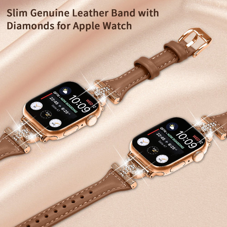 Sejt Ægte Læder Og Rhinsten Universal Rem passer til Apple Smartwatch - Brun#serie_3