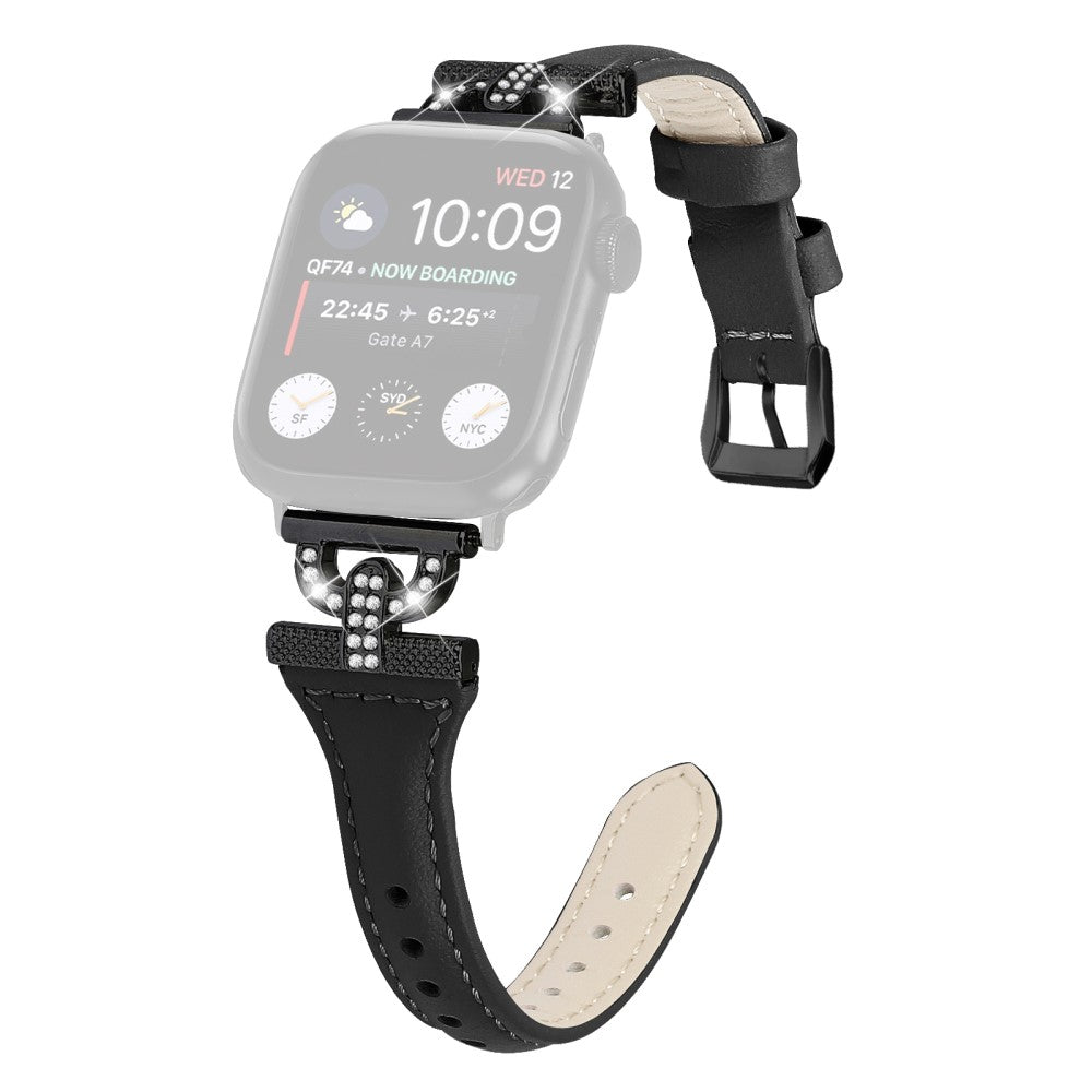 Solid Ægte Læder Og Rhinsten Universal Rem passer til Apple Smartwatch - Sort#serie_1