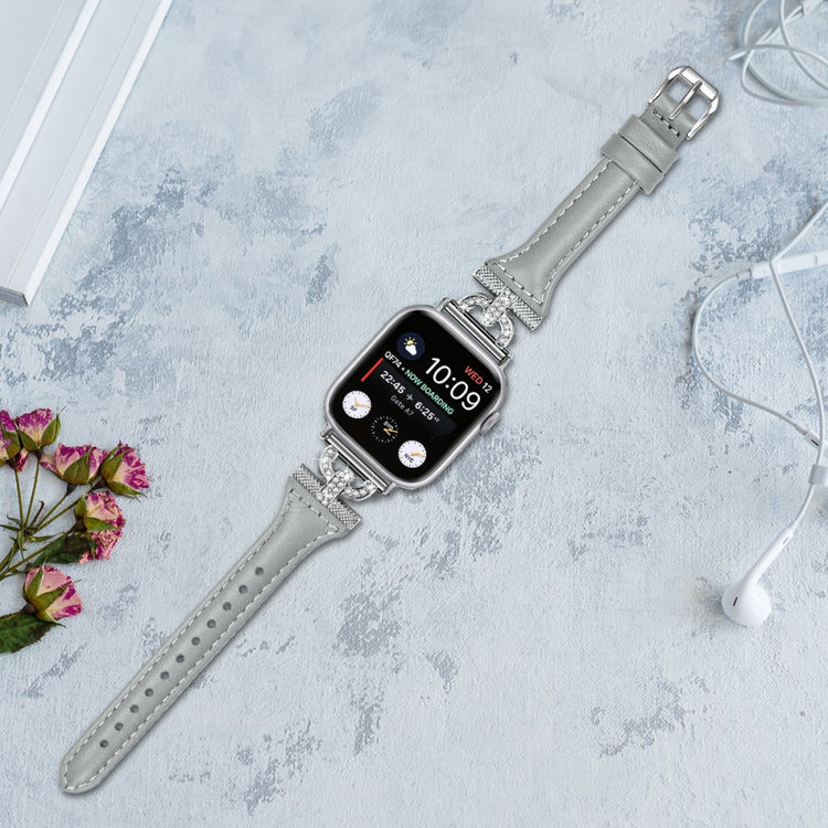 Pænt Ægte Læder Og Rhinsten Universal Rem passer til Apple Smartwatch - Sølv#serie_1