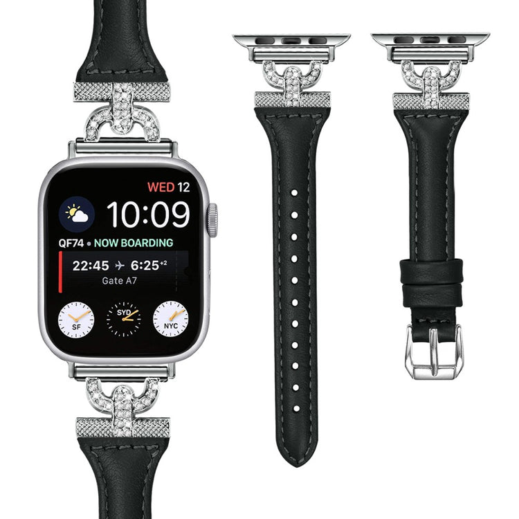 Pænt Ægte Læder Og Rhinsten Universal Rem passer til Apple Smartwatch - Sort#serie_2