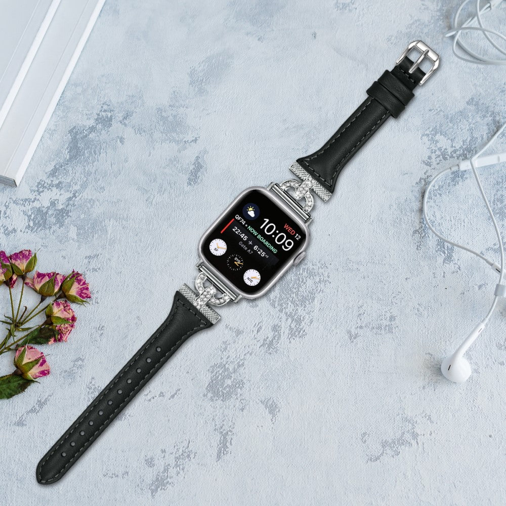 Pænt Ægte Læder Og Rhinsten Universal Rem passer til Apple Smartwatch - Sort#serie_2