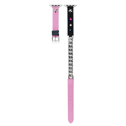 Apple Watch Series 9 45mm / Ultra 2 Genuine leather with metal chain strap - Pink / Black#serie_6