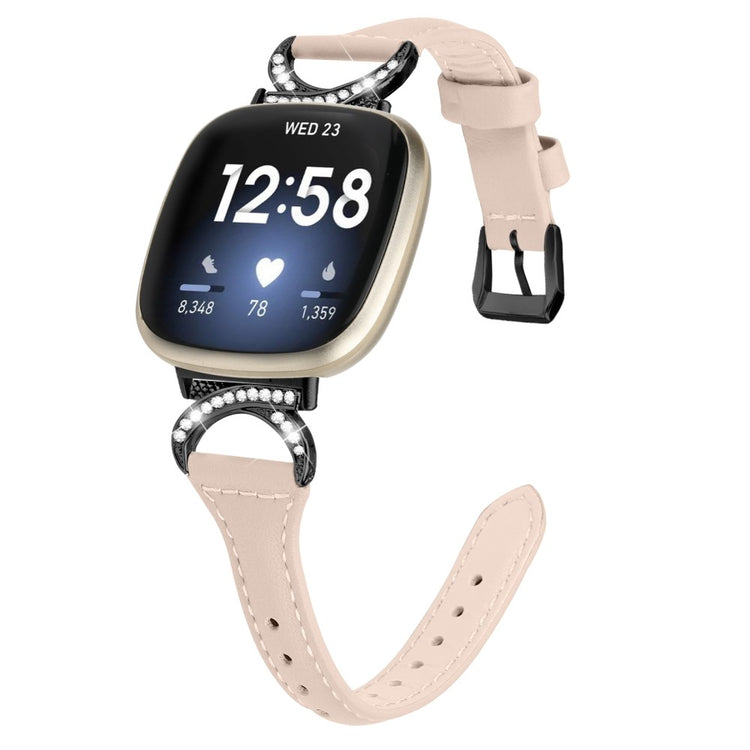 Cool Ægte Læder Og Rhinsten Universal Rem passer til Fitbit Smartwatch - Beige#serie_5