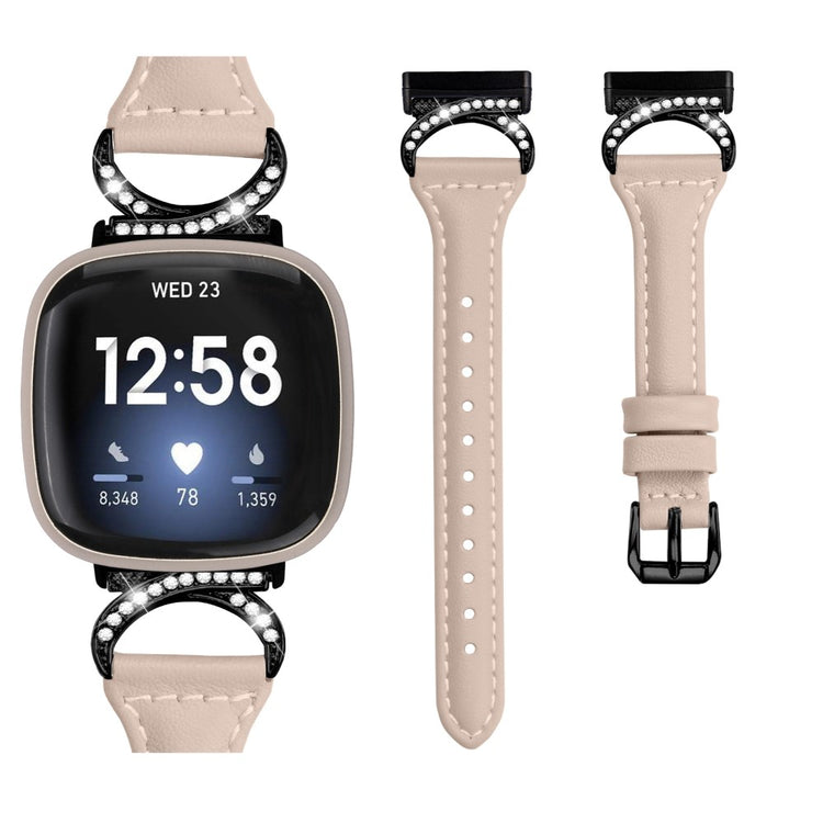 Cool Ægte Læder Og Rhinsten Universal Rem passer til Fitbit Smartwatch - Beige#serie_5