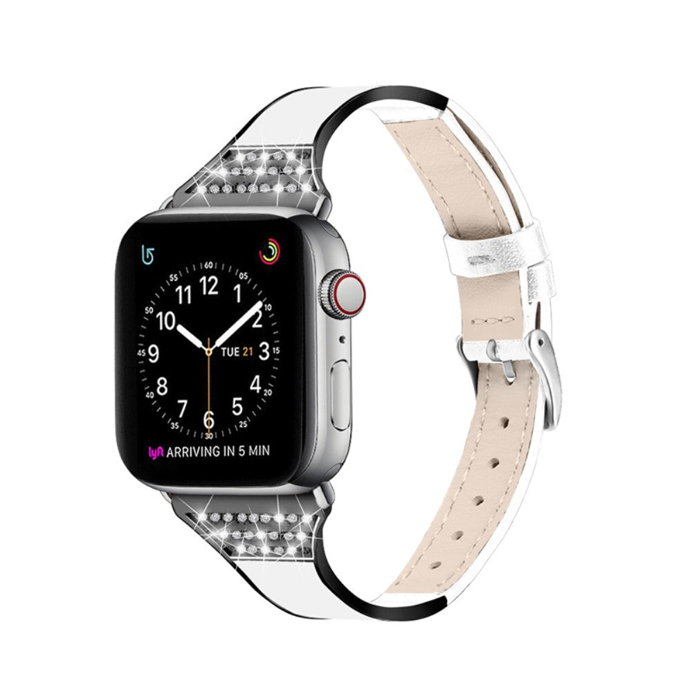 Cool Apple Watch Series 7 41mm Ægte læder og Rhinsten Rem - Hvid#serie_1