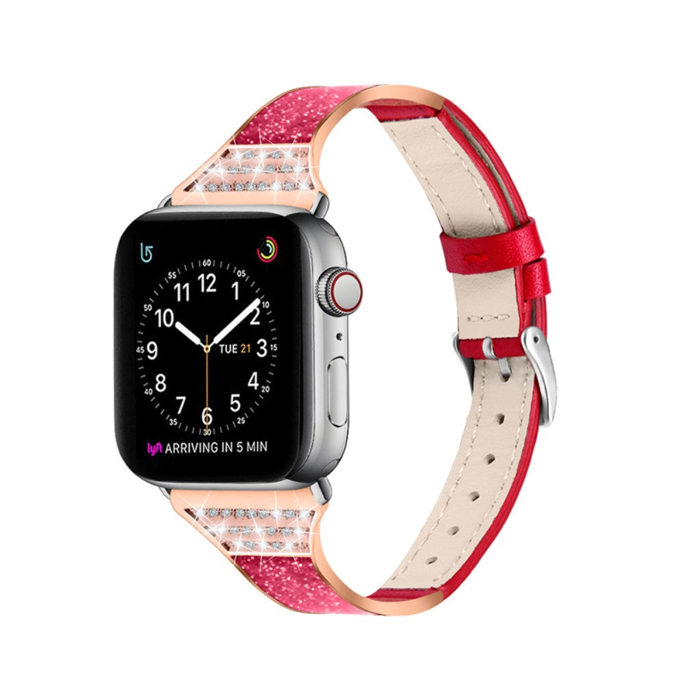 Cool Apple Watch Series 7 41mm Ægte læder og Rhinsten Rem - Rød#serie_3