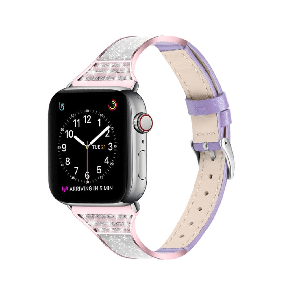 Cool Apple Watch Series 7 41mm Ægte læder og Rhinsten Rem - Lilla#serie_4