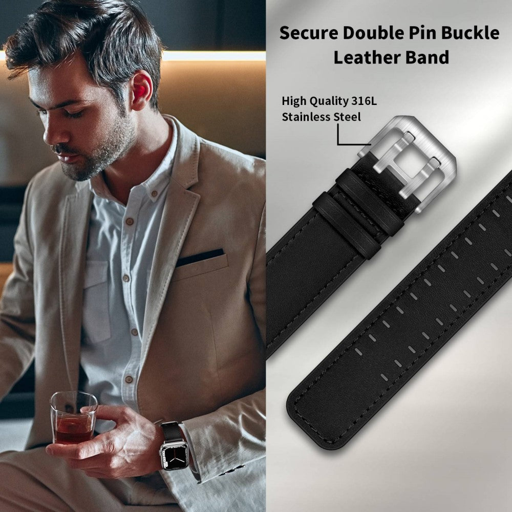 Slidstærk Apple Watch Series 7 45mm Ægte læder Urrem - Sort#serie_2