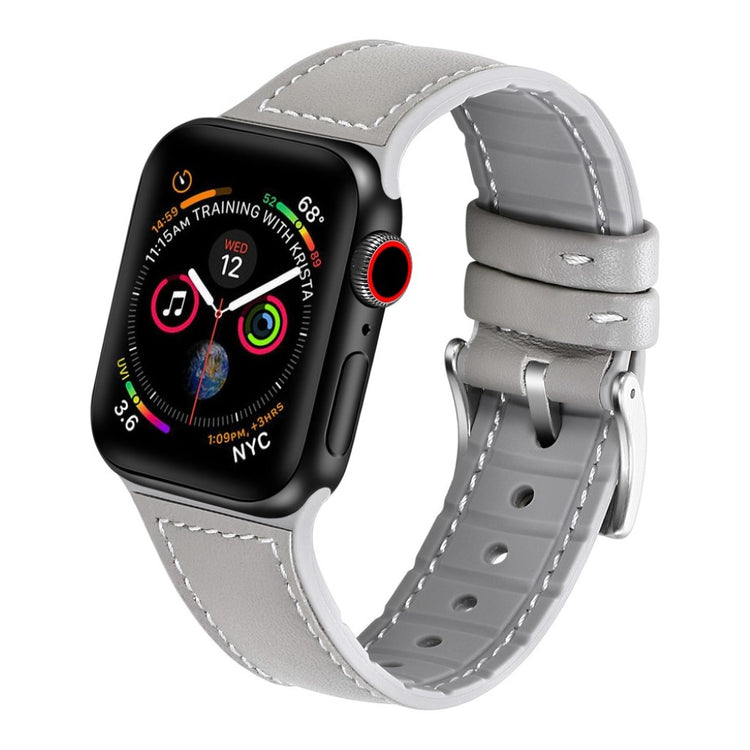 Fint Apple Watch Series 5 44mm Ægte læder og Silikone Rem - Sølv#serie_2