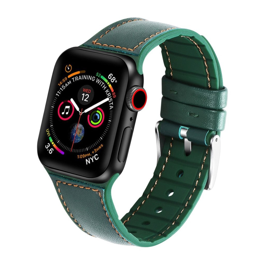 Fint Apple Watch Series 5 44mm Ægte læder og Silikone Rem - Grøn#serie_3