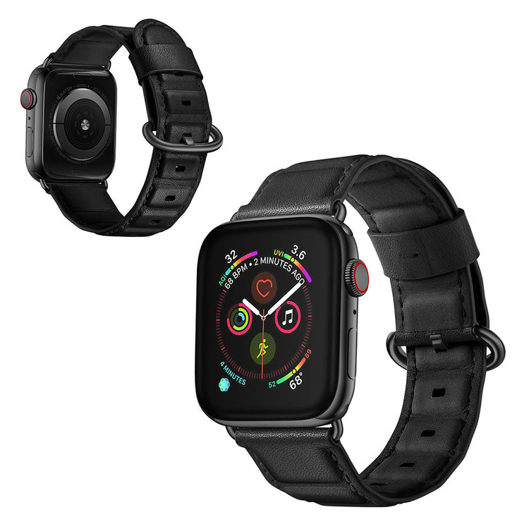  Apple Watch Series 5 44mm / Apple Watch 44mm Ægte læder Rem - Sort#serie_1