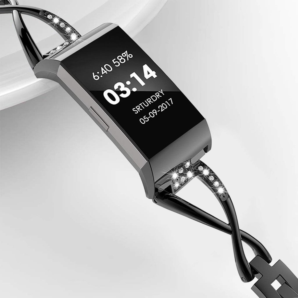 Vildt sejt Fitbit Charge 3 Metal og Rhinsten Rem - Sort#serie_1