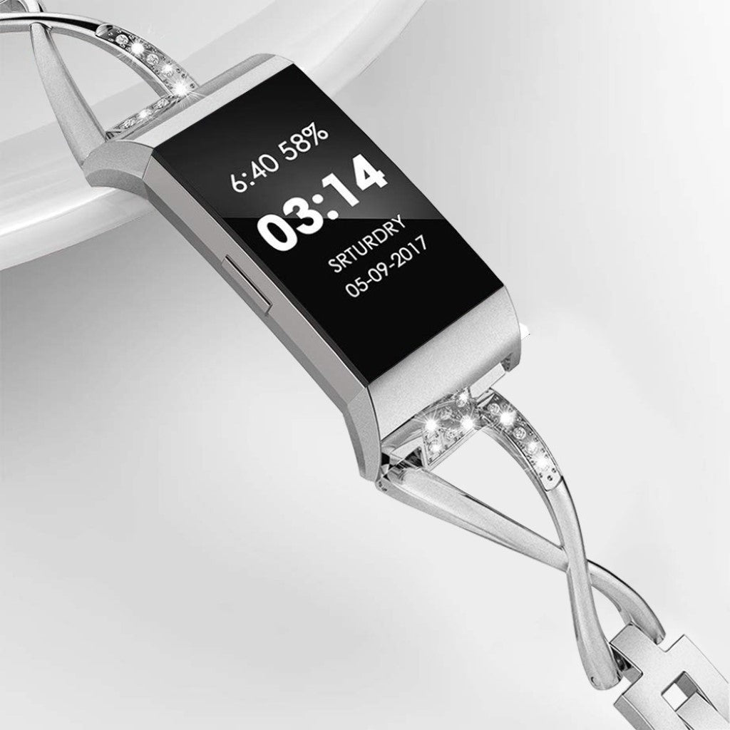 Vildt sejt Fitbit Charge 3 Metal og Rhinsten Rem - Sølv#serie_2