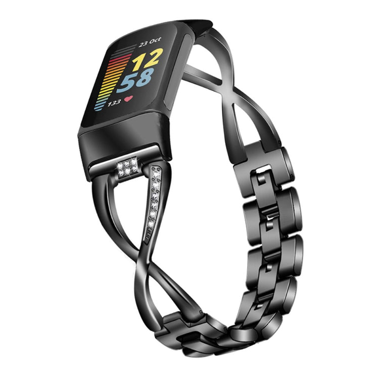 Super hårdfør Fitbit Charge 5 Metal og Rhinsten Rem - Sort#serie_2